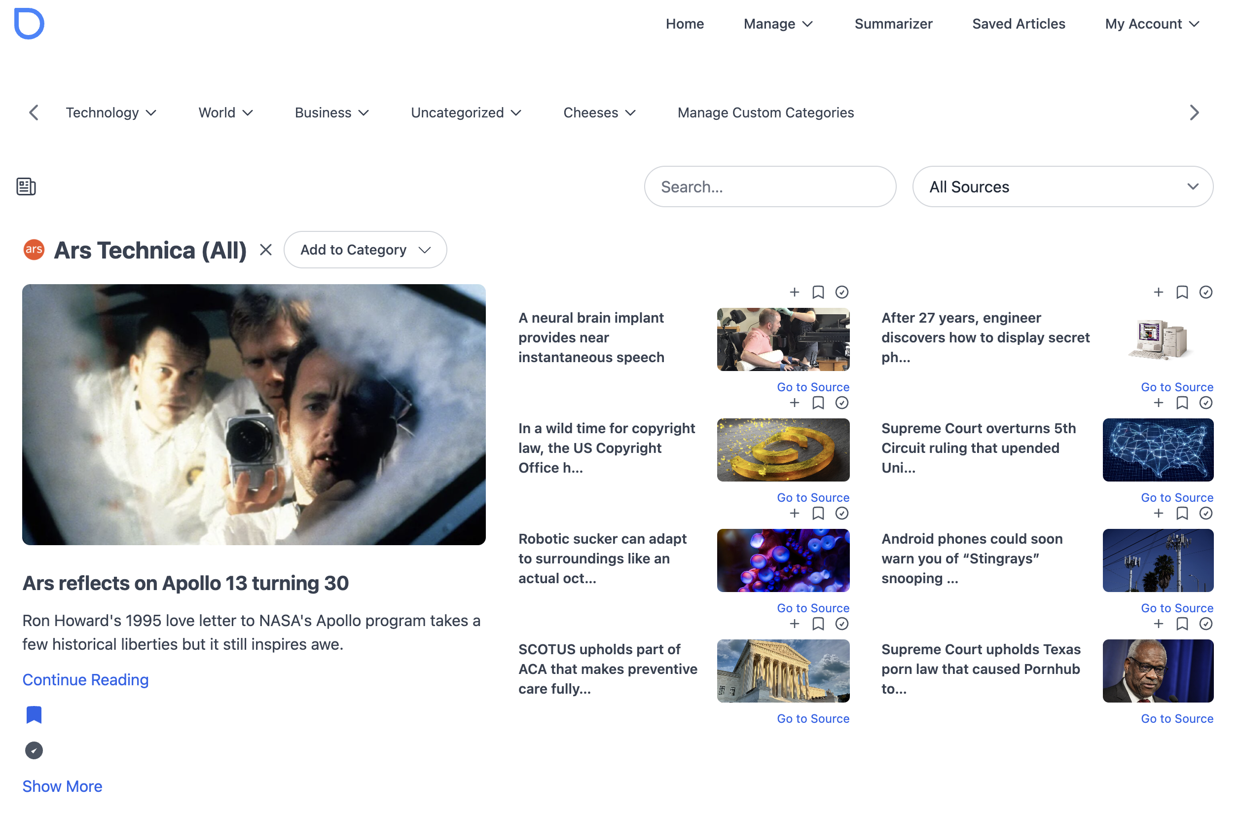Drip News AI-powered news aggregator dashboard showing personalized TL;DR summaries and ad-free news experience
